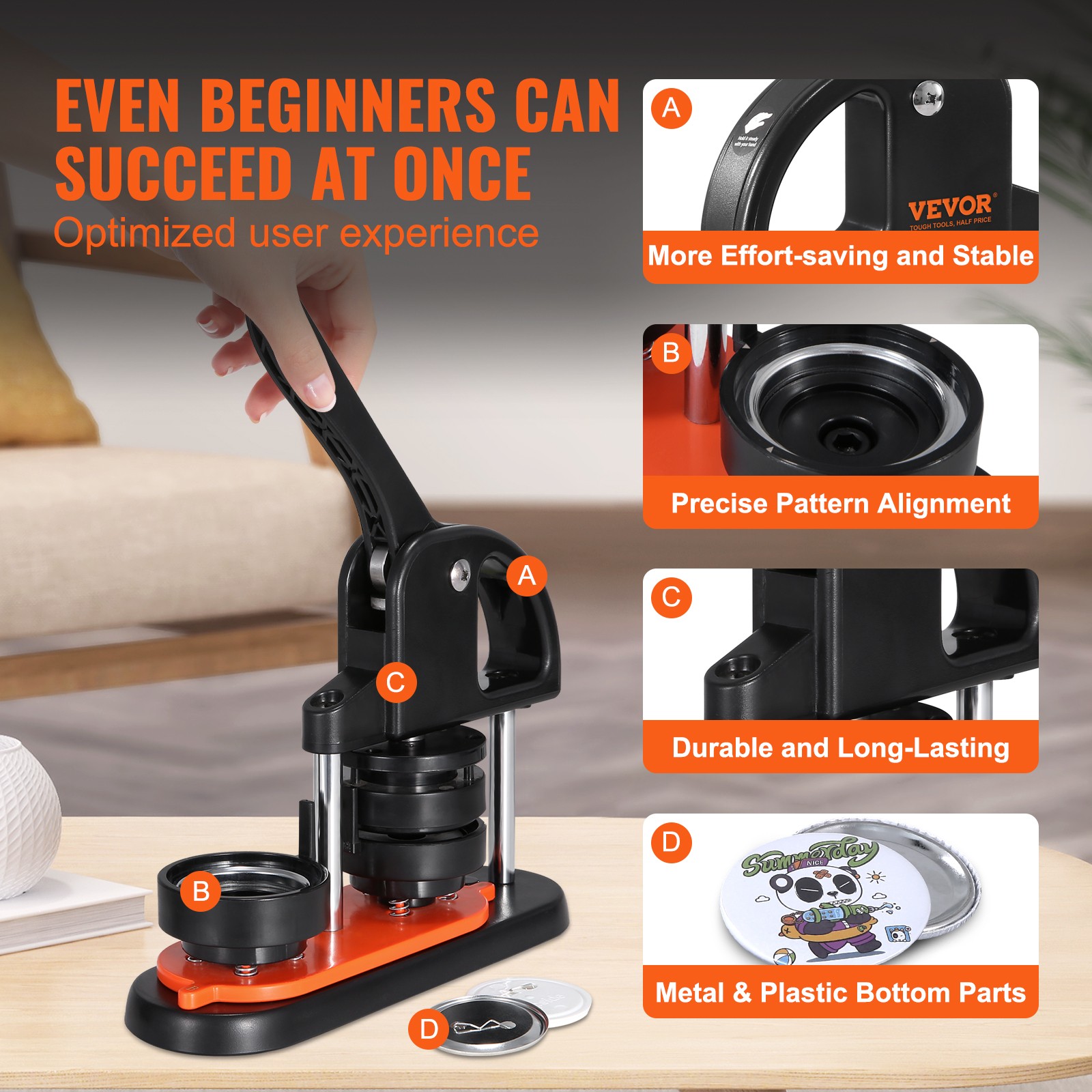 VEVOR Button Maker Machine Pin Badge Maker 2.28" 100 Button Parts+Circle Cutter