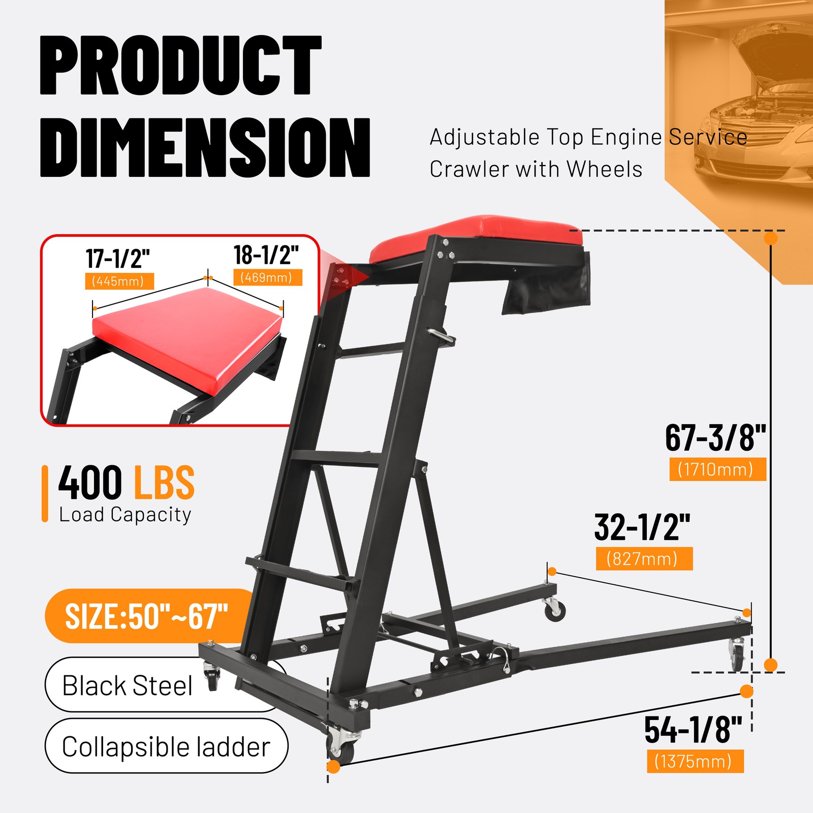 Foldable Automotive Topside Creeper Adjustable Height Movable Ladder 400Lbs