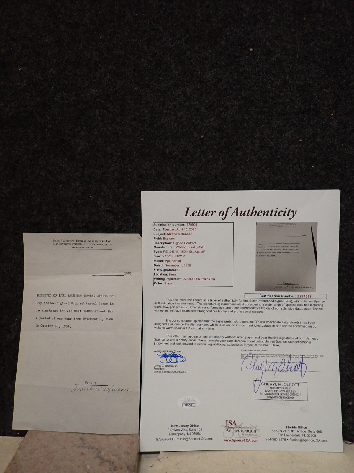 1936 MATTHEW A HENSON AFRICAN AMERICAN ARTIC POLE EXPLORER SIGNED LEASE CONTRACT