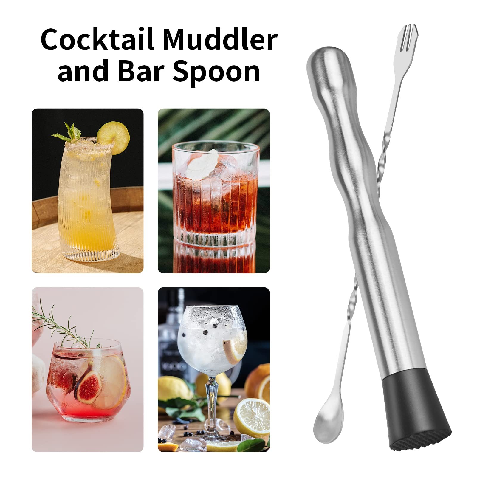 Muddler for Cocktails Bar Spoon - Vaincre 2PCS 9" and 10” Silver