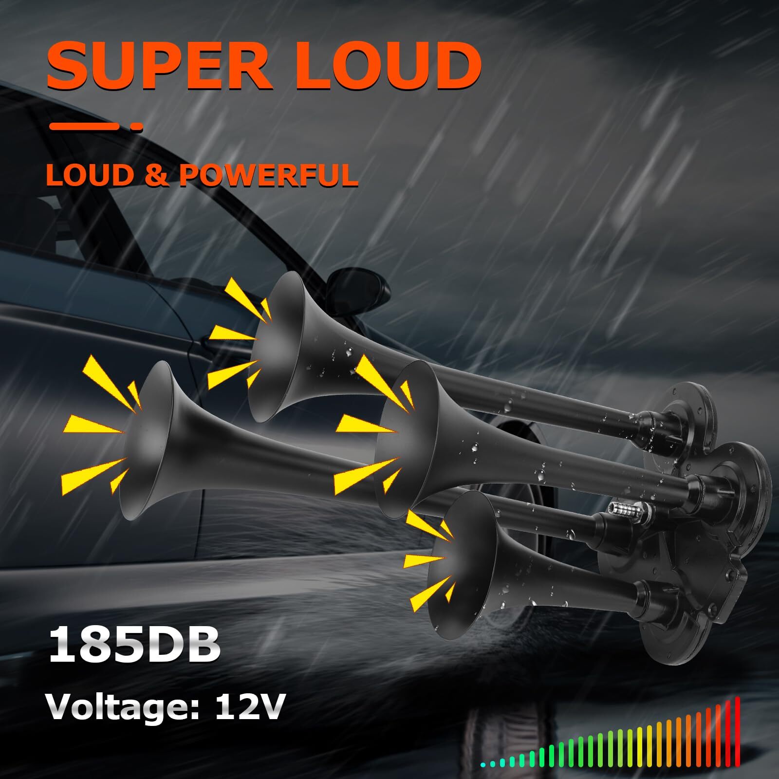 12V 185DB Loud Sound 4 Trumpet Black Train Air Horn Kit For Truck Pickup Car
