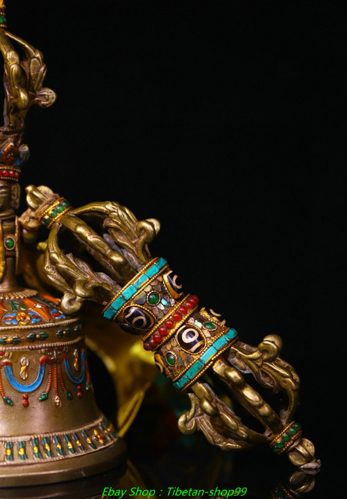 8.6''Old Tibet Bronze Painting inlay Dzi Bead Dorje Vajra Bell & Holder Faqi