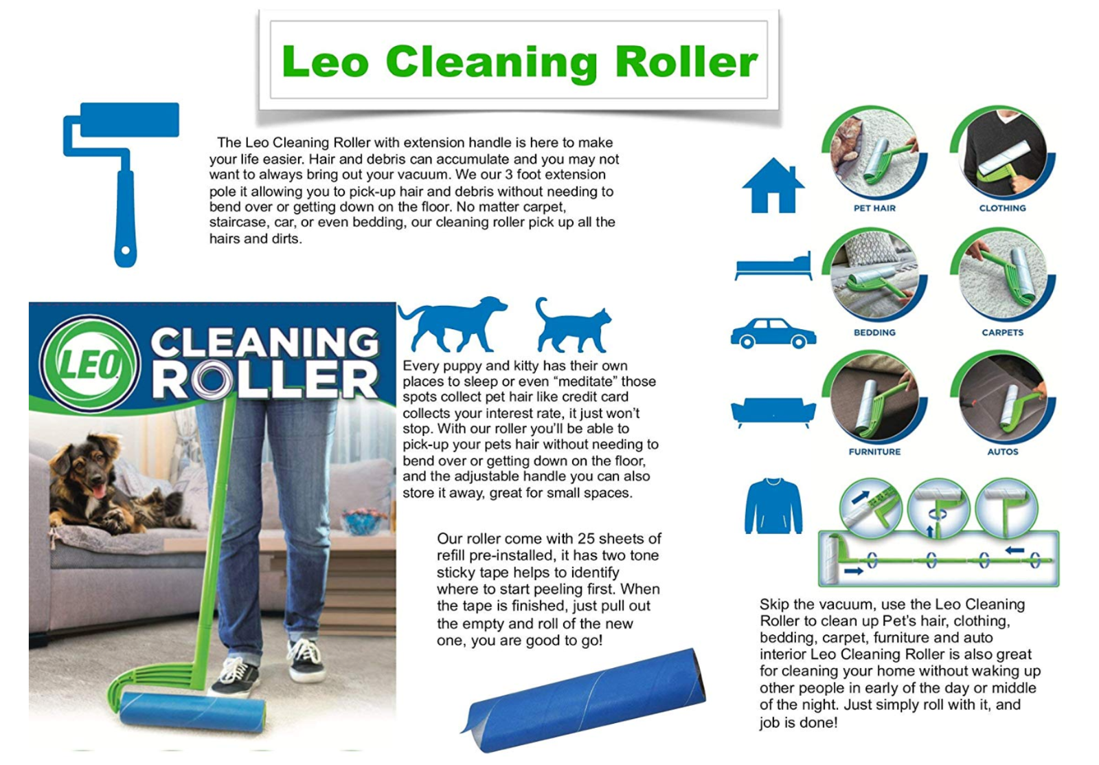 Leo Cleaning Lint Roller Refill 50 Sheets per roll 2/3/6 packs pet hair removal