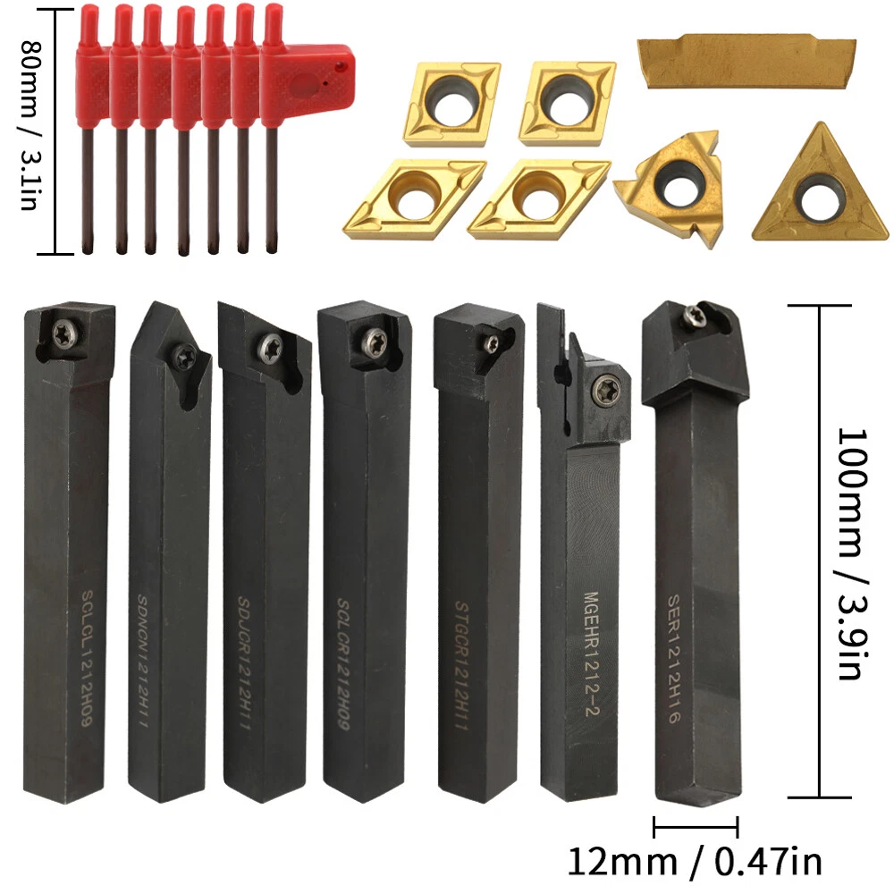 7PCS Lathe Turning Tool Holder Boring Bar Indexable Carbide Inserts Set Wrench