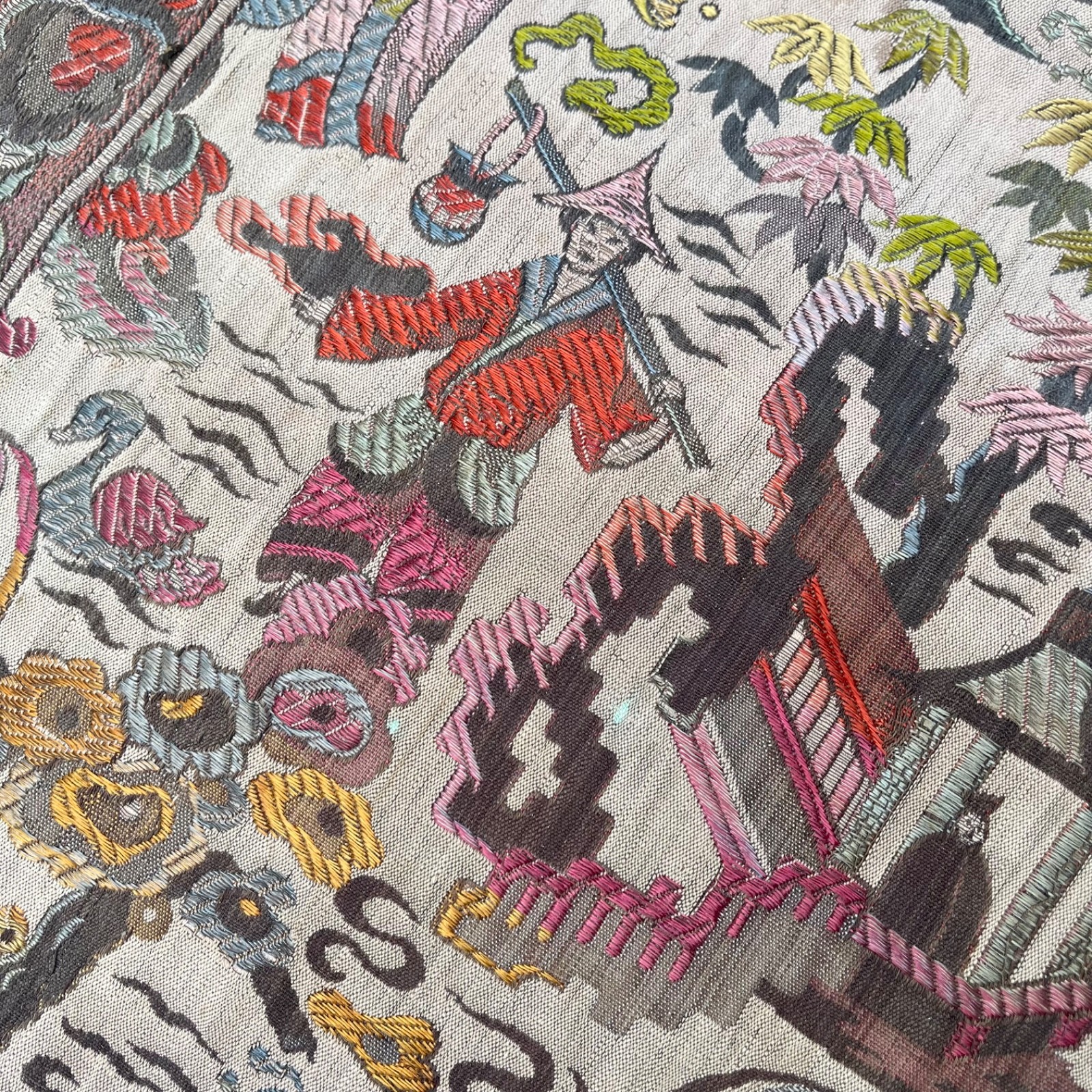 Vintage Asian Silk Hand Embroidered Textile 48 x 17 Panel Runner Pagoda Scene