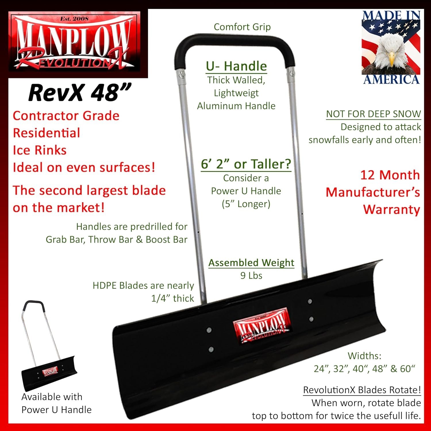 MANPLOW RevolutionX Snow Pusher with U Handle (48 Inch). NEW/SALE/FREESHIP