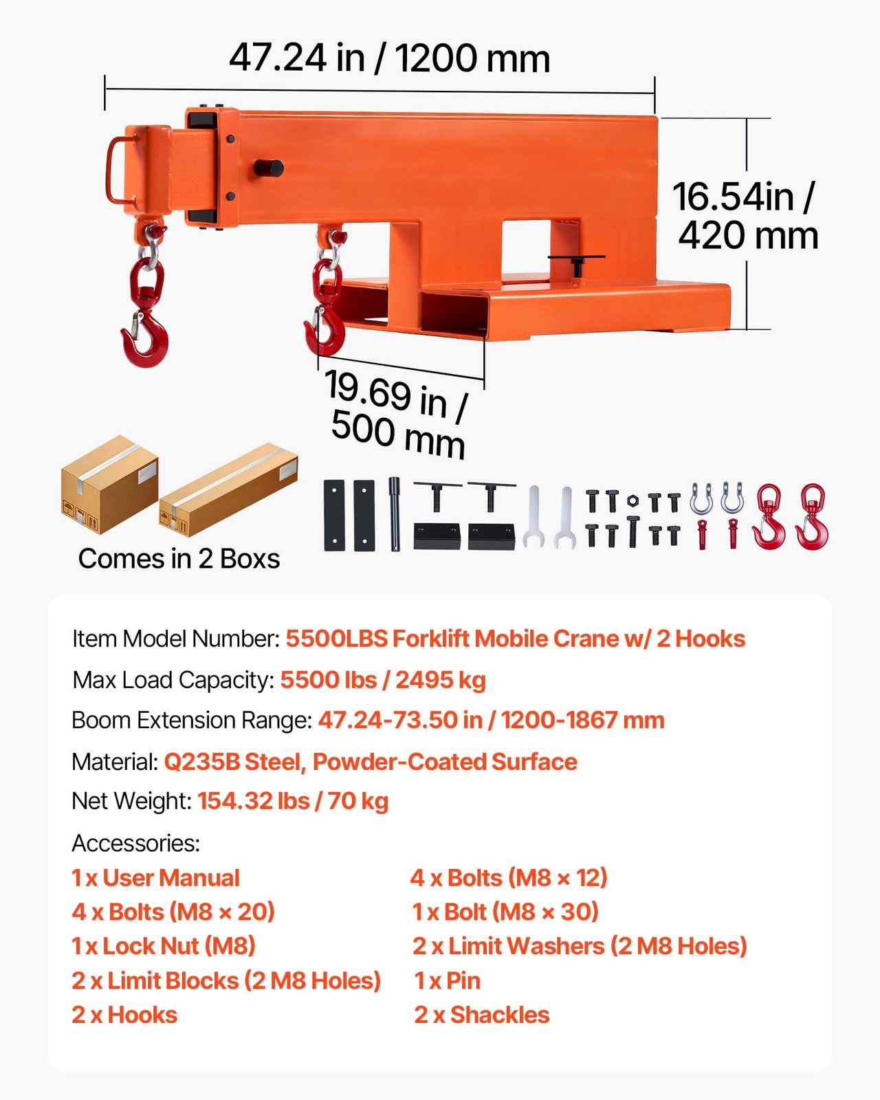 VEVOR Forklift Jib Boom Crane Adjustable Hoist Forklift Mobile Crane 5500 lbs