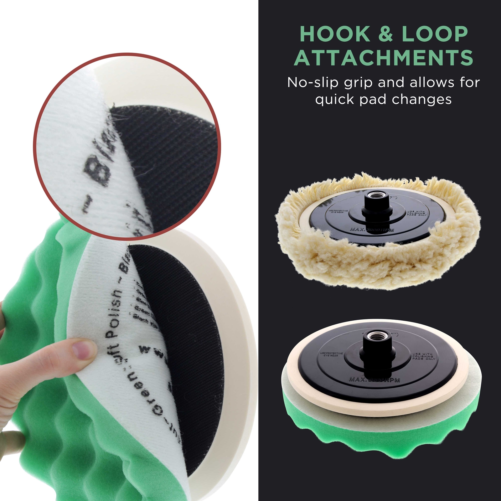 Waffle Foam & Wool Buffing & Polishing Pad Kit w/ 6 - 8" Pads Grip Backing Plate