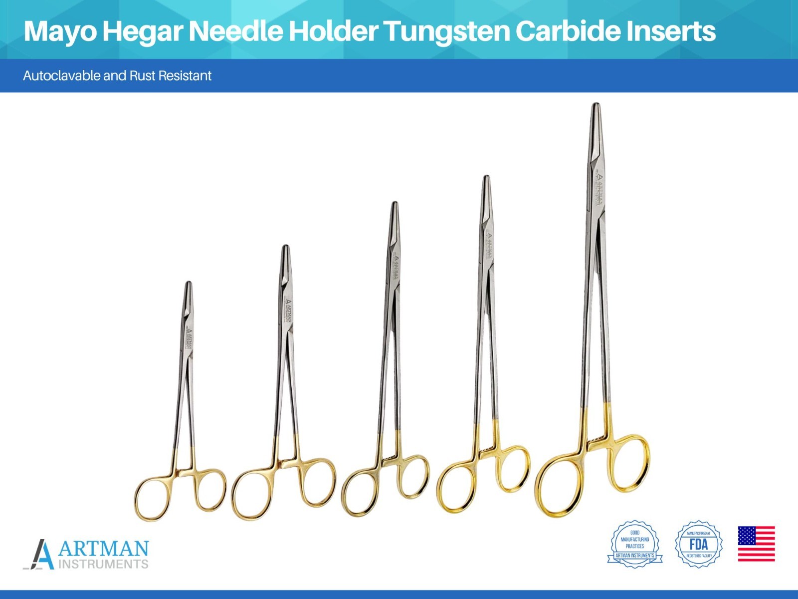 Mayo Hegar Needle Holder Tungsten Carbide Inserts, Gold Plated Needle Driver