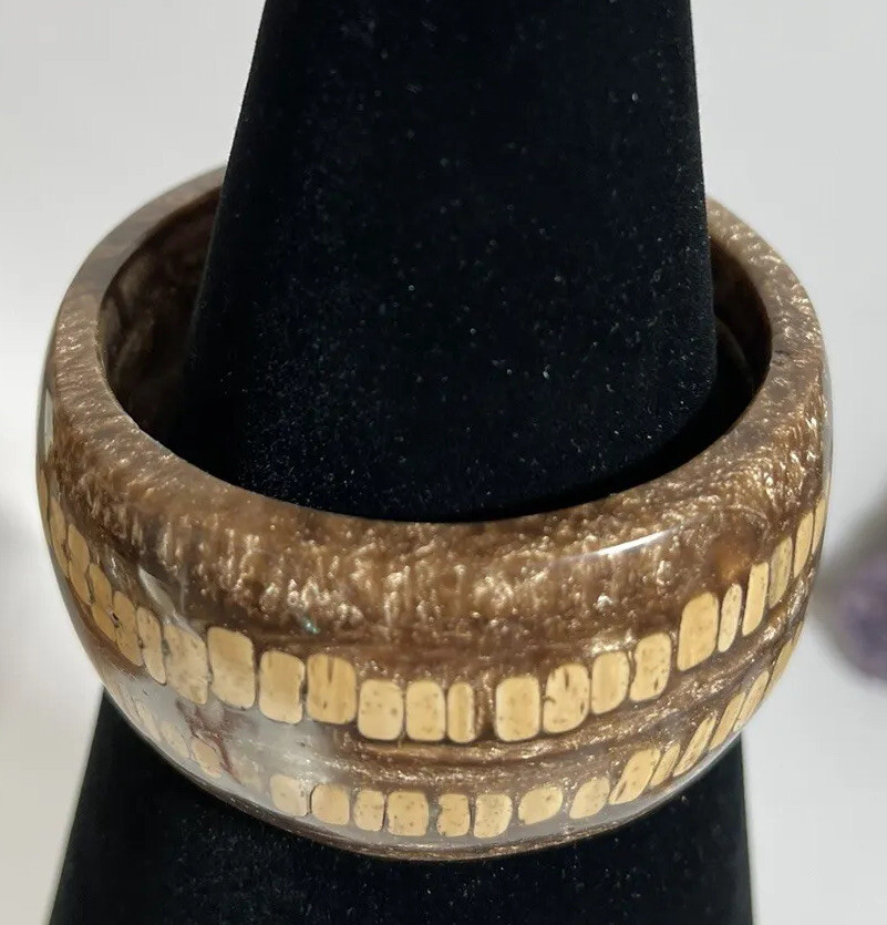 Wood or Cork in Resin Metal Flake Cuff Bracelet Pre-Owned