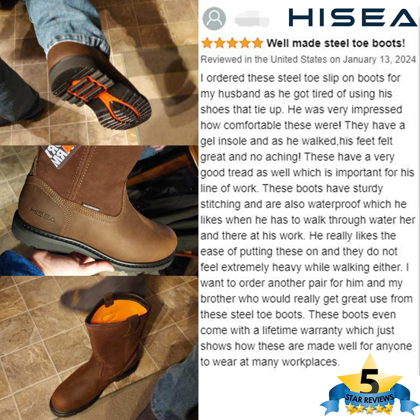 HISEA Men Steel Toe Safety Work Boots Pull On Waterproof Leather Wellington Boot