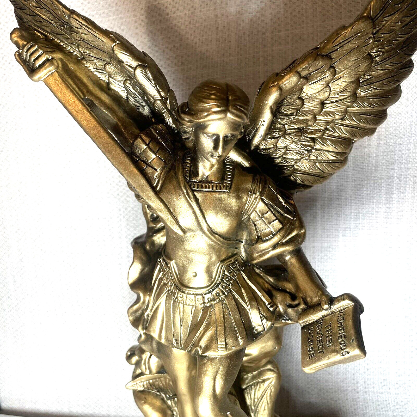Angel Statue ARCHANGEL MICHAEL gold tone STOMPING DEMON standing SWORD book NEW