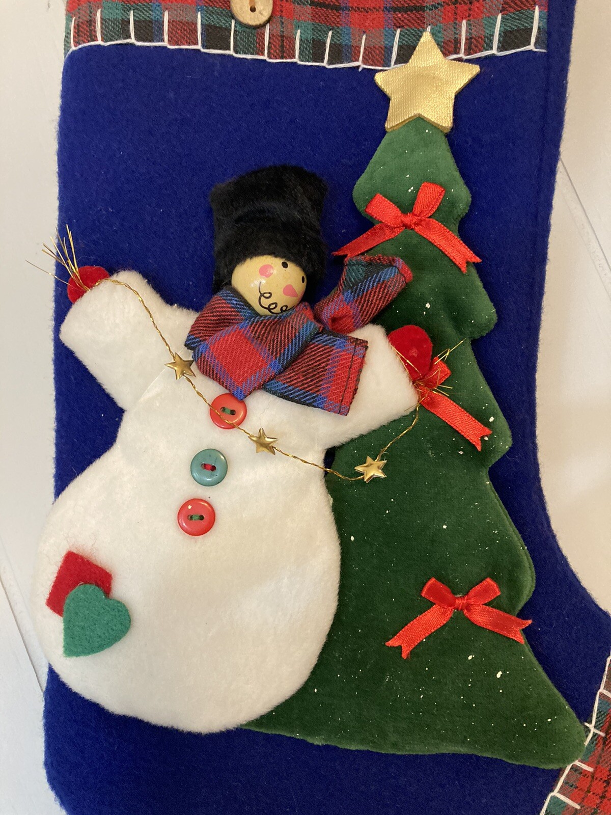 World Bazaars Snowman & Tree Padded Christmas Stocking Red Plaid Buttons 16 Inch