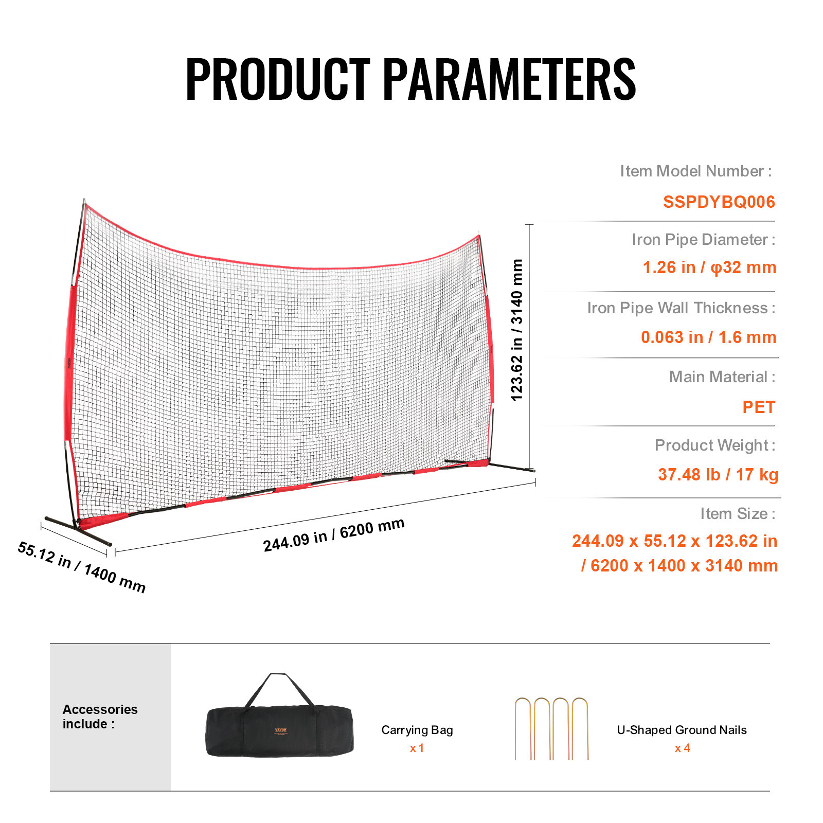 VEVOR Barricade Backstop Net Ball Sports Barrier Softball Practice Net 20x10ft