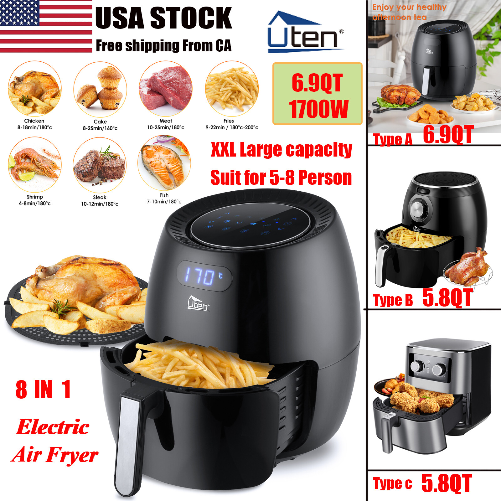 UTEN Large Air Fryer XXL 1700W 5.8QT/6.9QT Oven Hot Electric Air Fryer Cooker US