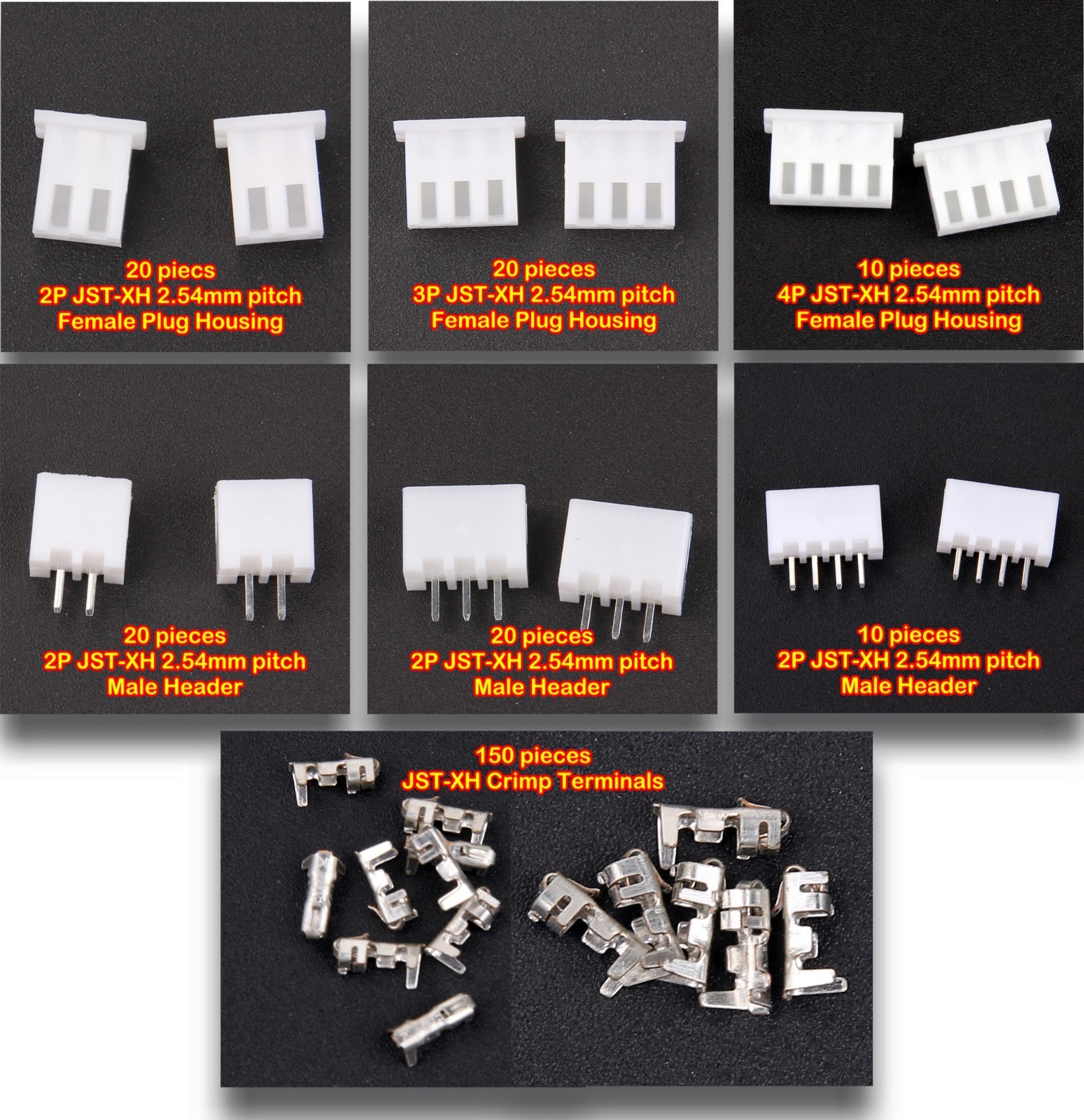 250pc JST-XH Kit 2p 3p 4p Pin 2.54mm Terminal Housing PCB Header Wire Connectors