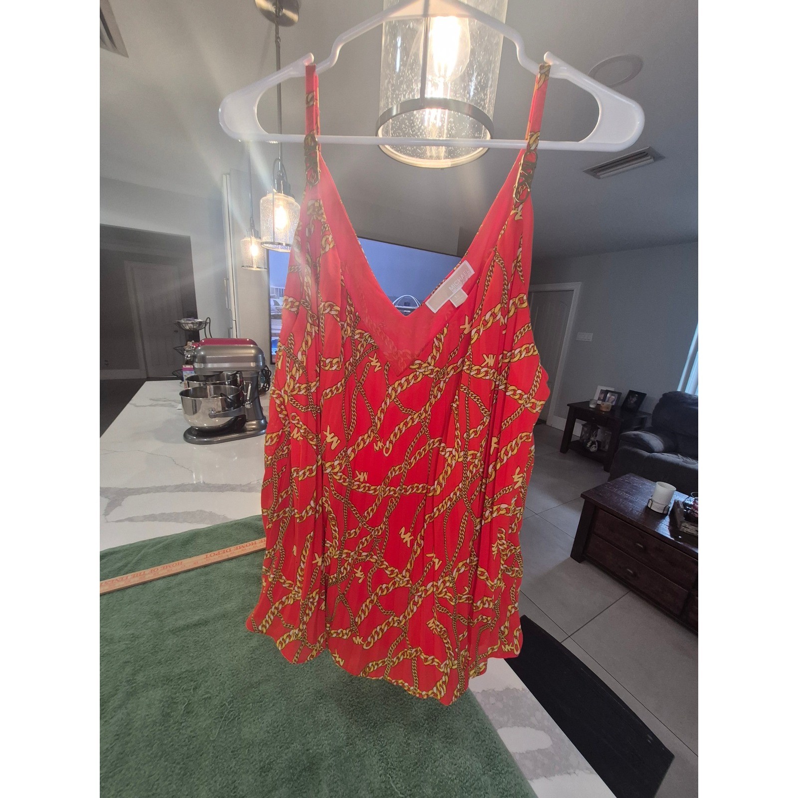 Michael Kors Optic Orange Chain Link Logo Pleated Cami Top MS340HC8EY XL NEW