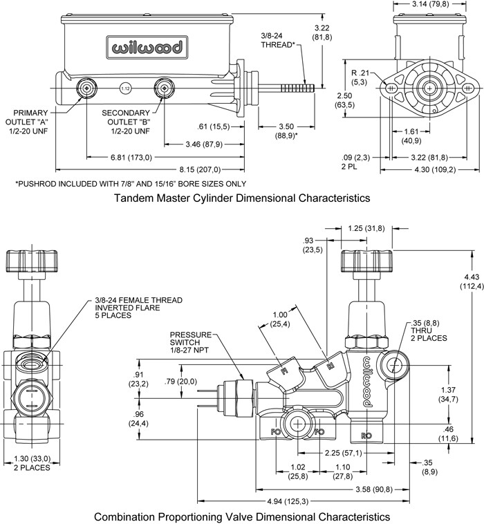 Wilwood 261-13270 Aluminum Tandem Chamber Master Cylinder w/ Bracket and Valve