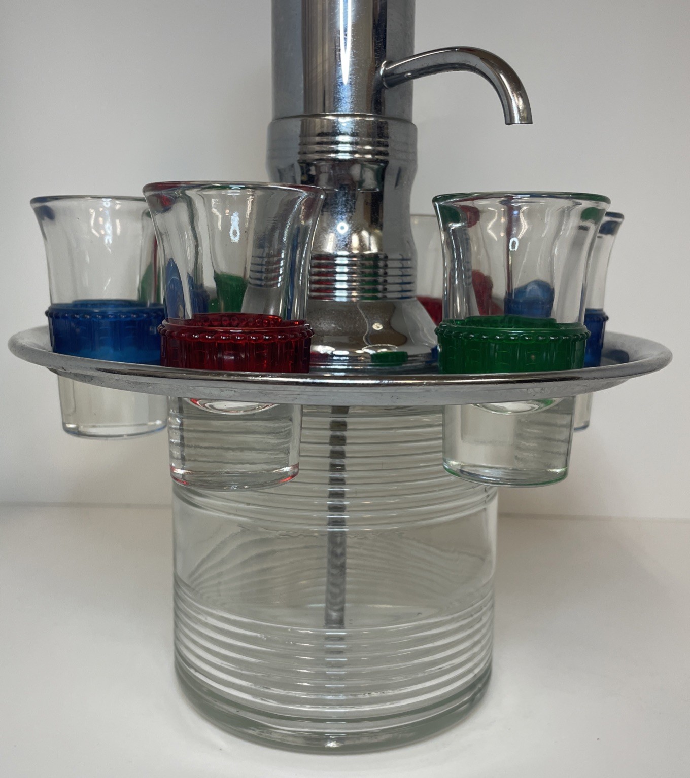 Vintage Park Sherman MCM Liquor Dispenser w/6 Shot Glasses Rotating Chrome Tray