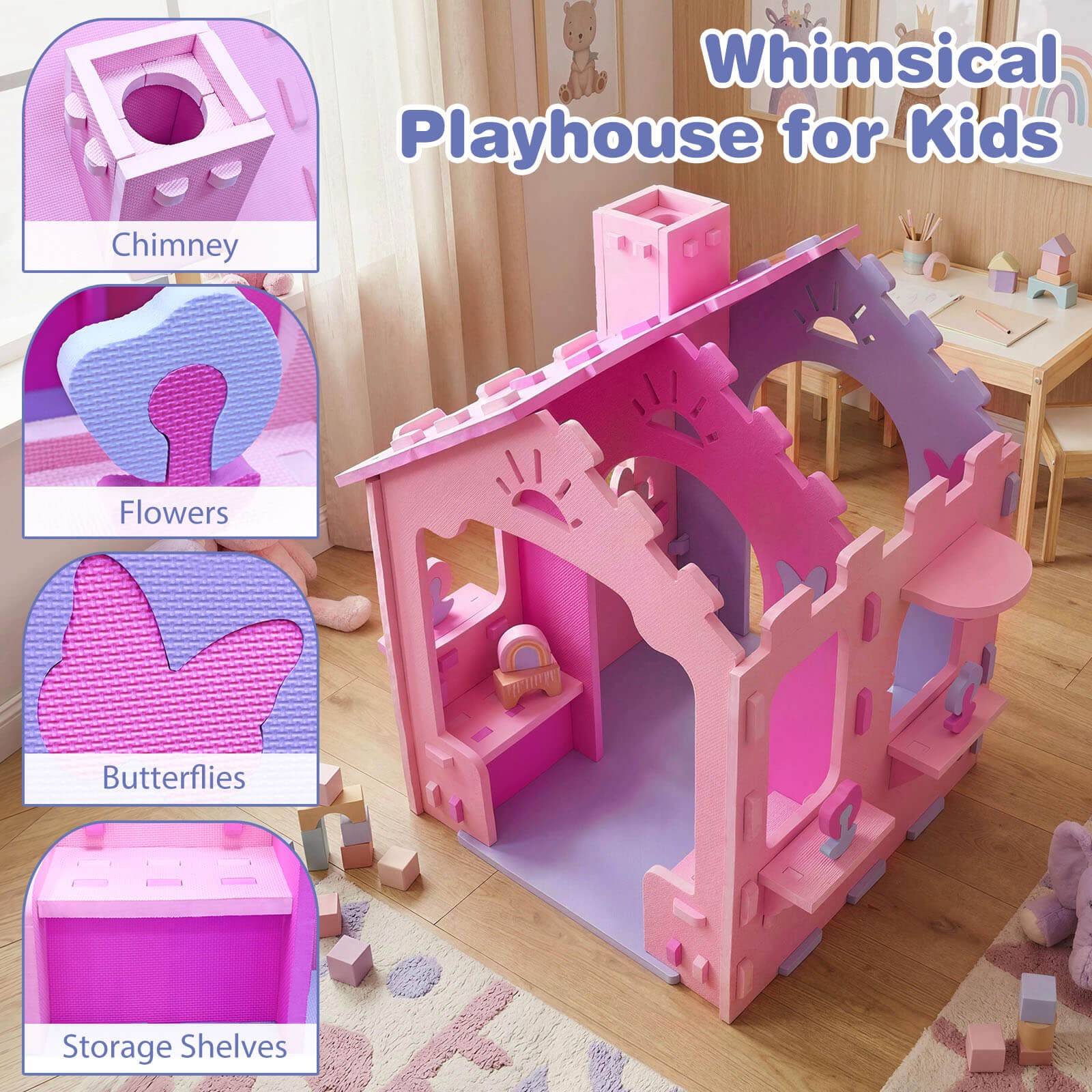 Kids EVA Foam Playhouse w/Roof, Chimney, Windows & Doorways for Boys & Girls