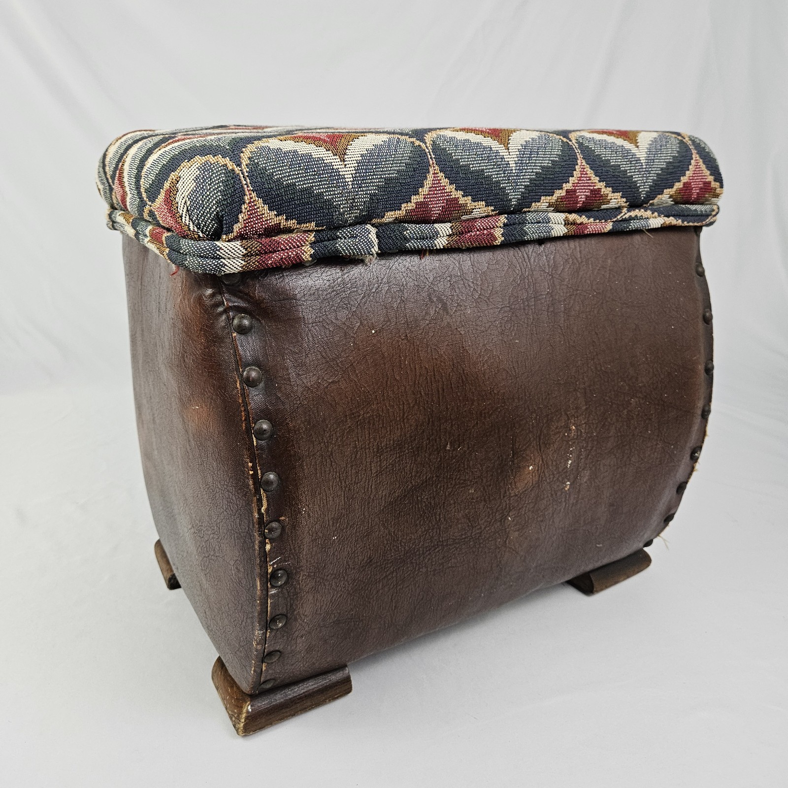 Chinoisiere Footstool Ottoman Leather Upholstered Vintage Chinese Chippendale