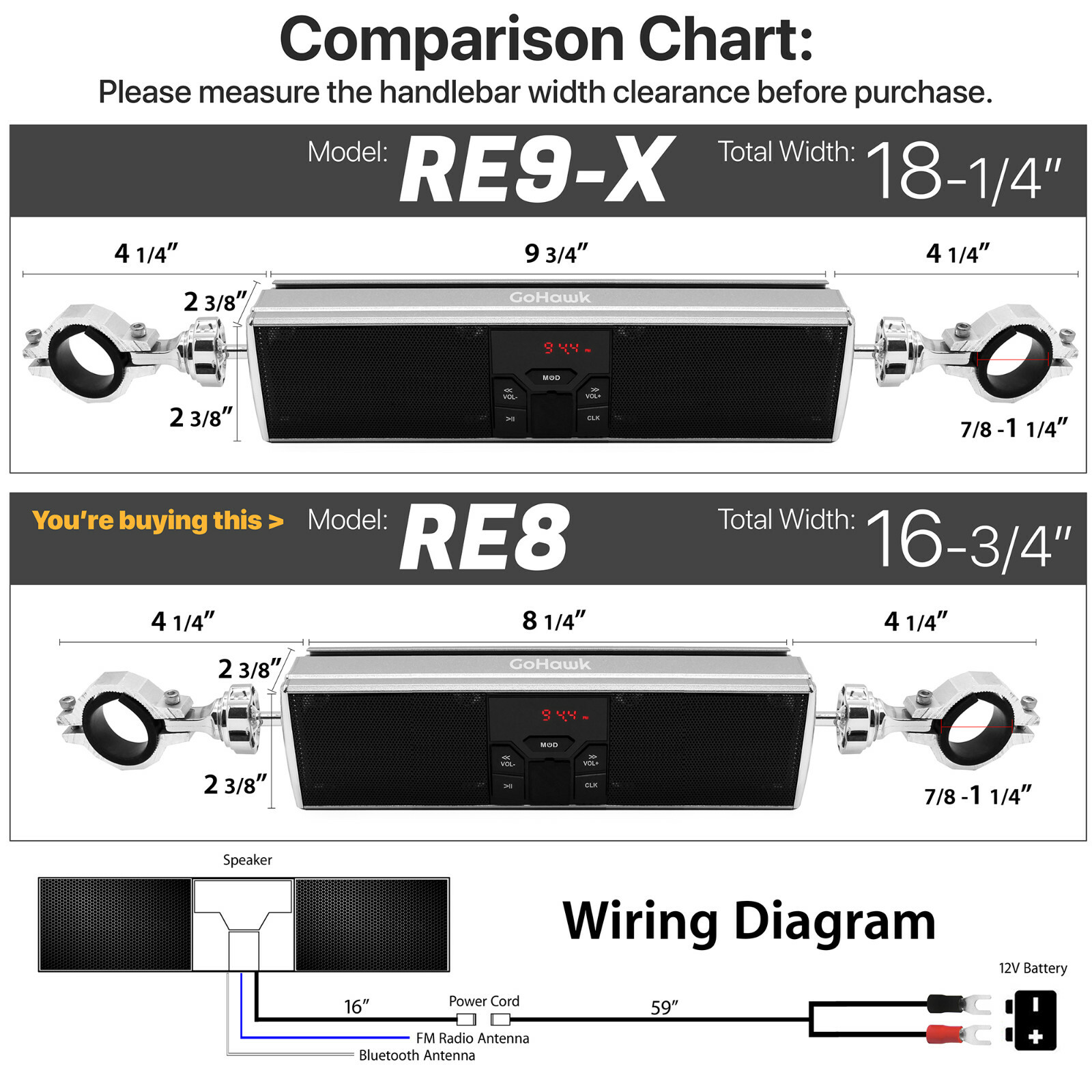 Bluetooth Motorcycle Stereo Speakers Soundbar FM Radio Audio System ATV 4Wheeler