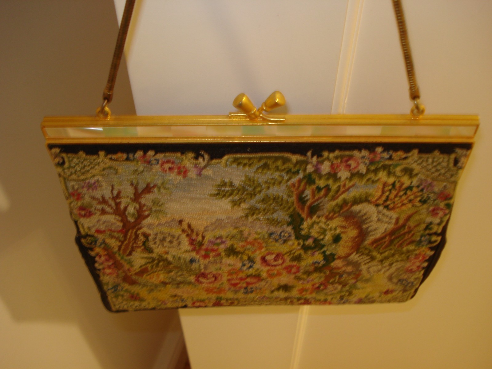 VINTAGE PETIT POINT FLORAL TAPESTRY GOLD METAL MOTHER OF PEARL TRIMMED FRAME