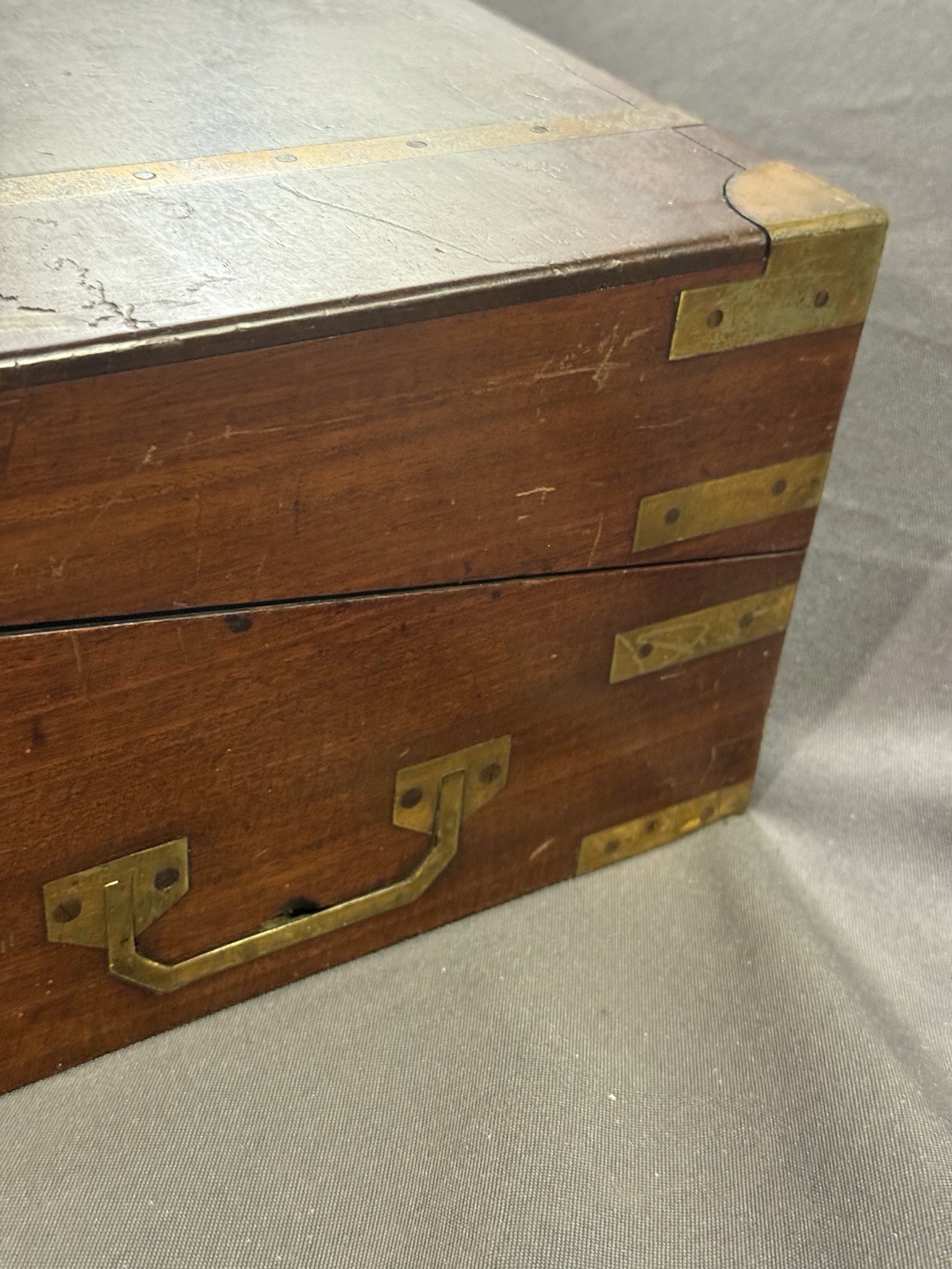 Early Antique Wood & Brass Bound Military Campaign Writing Desk