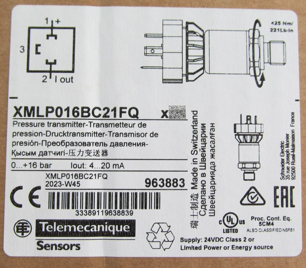 SCHNEIDER TELEMECANIQUE XMLP016BC21FQ/ XMLP016BC21F PRESSURE TRANSMITTER/ SENSOR
