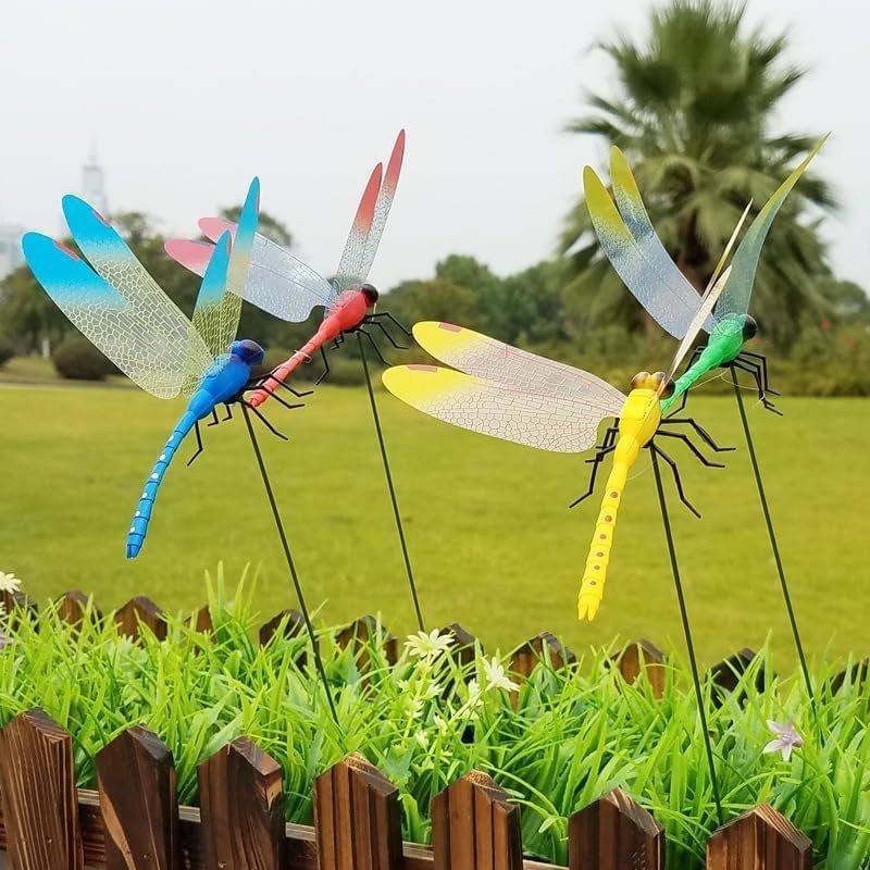 6 Pack Dragonfly Clip,3D Dragonfly Garden Stakes Decor,Fly Deterrent,Dragonfly H