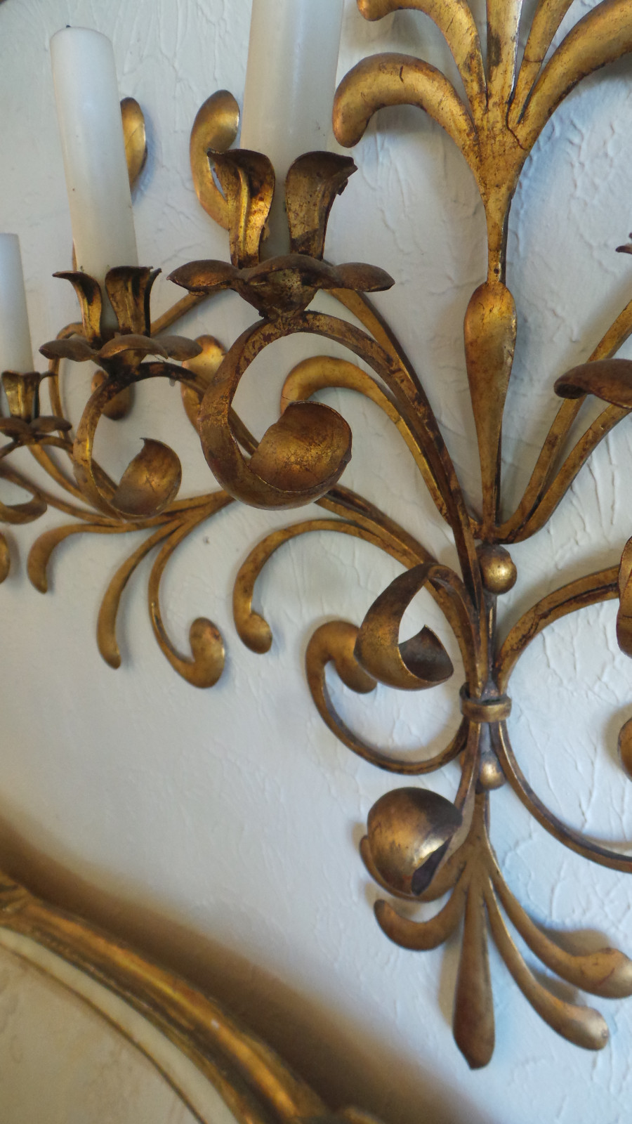 ANTIQUE ORIGINAL GILDED GOLD & METAL WALL SCONCE CANDLE HOLDERS