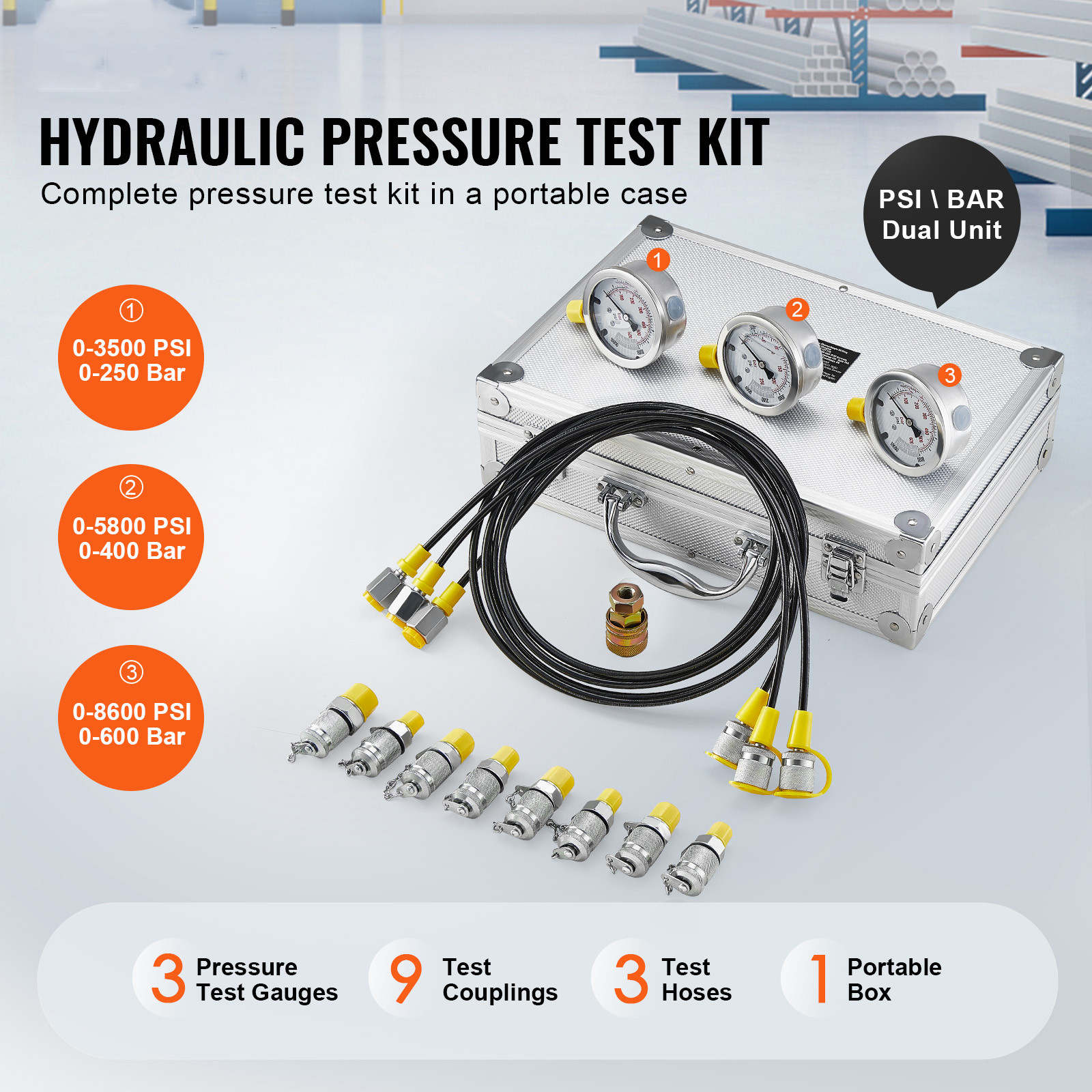 Hydraulic Pressure Test Kit 5 Gauges 13 Couplings 14 Tee Connectors 5 Hose
