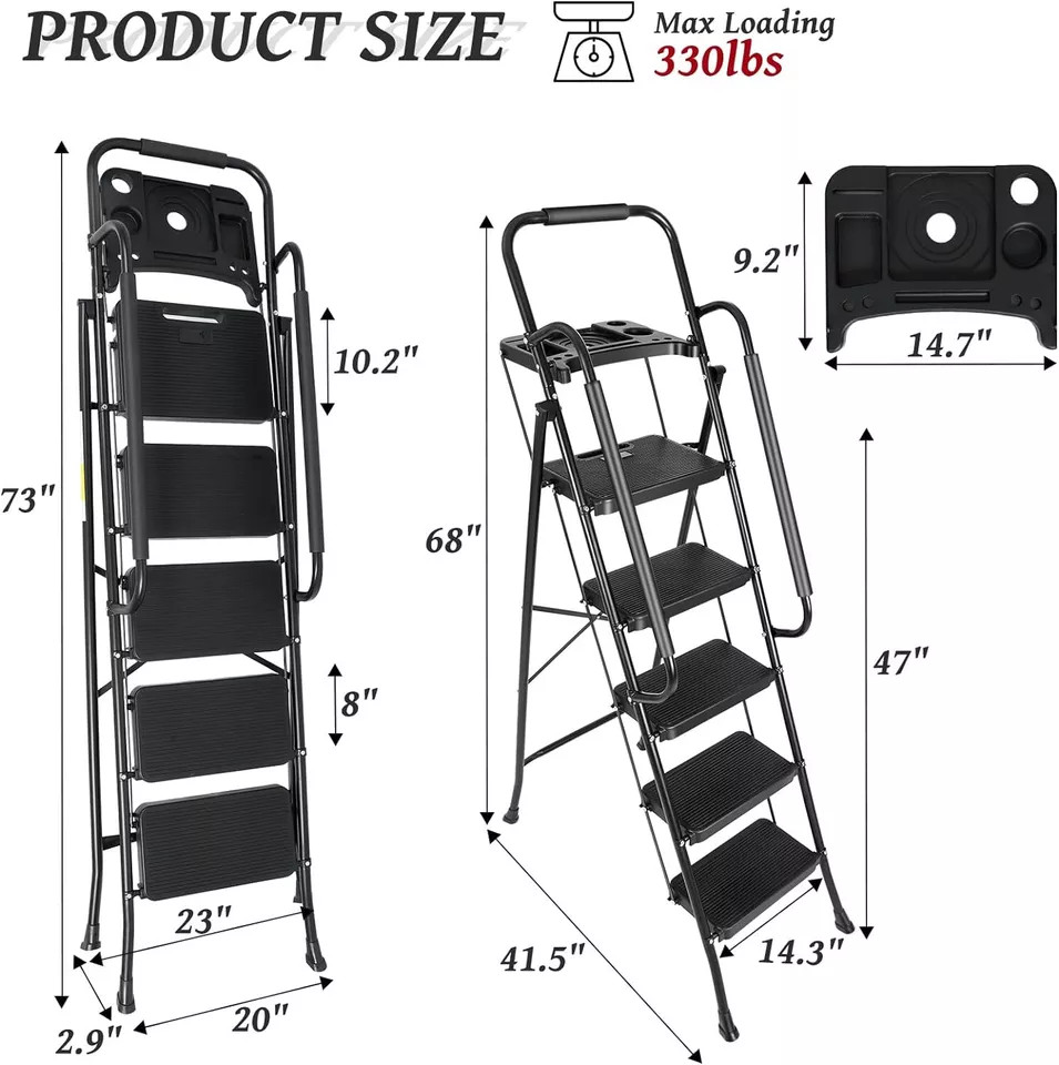 5 Step Non-Slip Stool Ladder with Handrails 330 lbs folding Tool Tray Platform