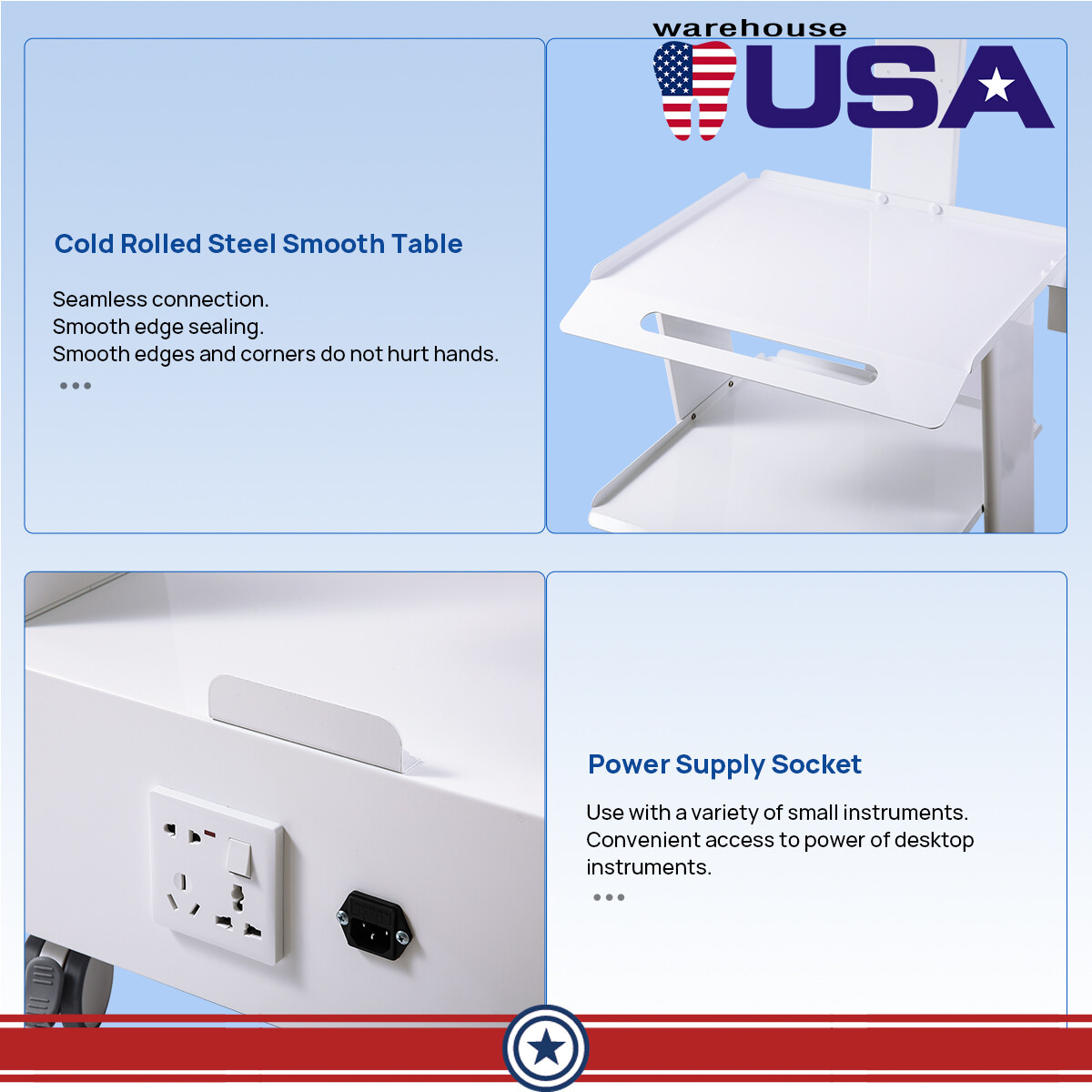 USA Dental Mouth Sweeping Trolley Instrument Cart With Socket Cold Rolled