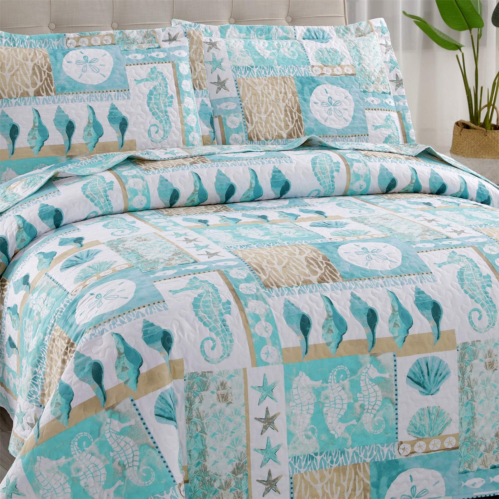 3 Piece Beach Quilt Set King Size Coastal Bedding Set Blue Green Lightweight ...