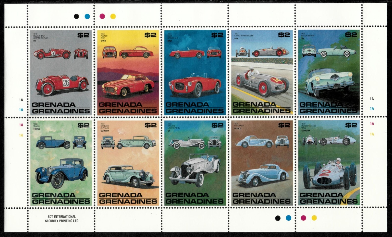 Grenadines 1988 - Cars - Sheet of 10 Stamps - Scott #1019 - MNH