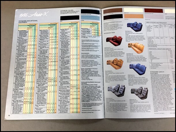 1986 Dodge Aries K 18-page Original Car Sales Brochure Catalog