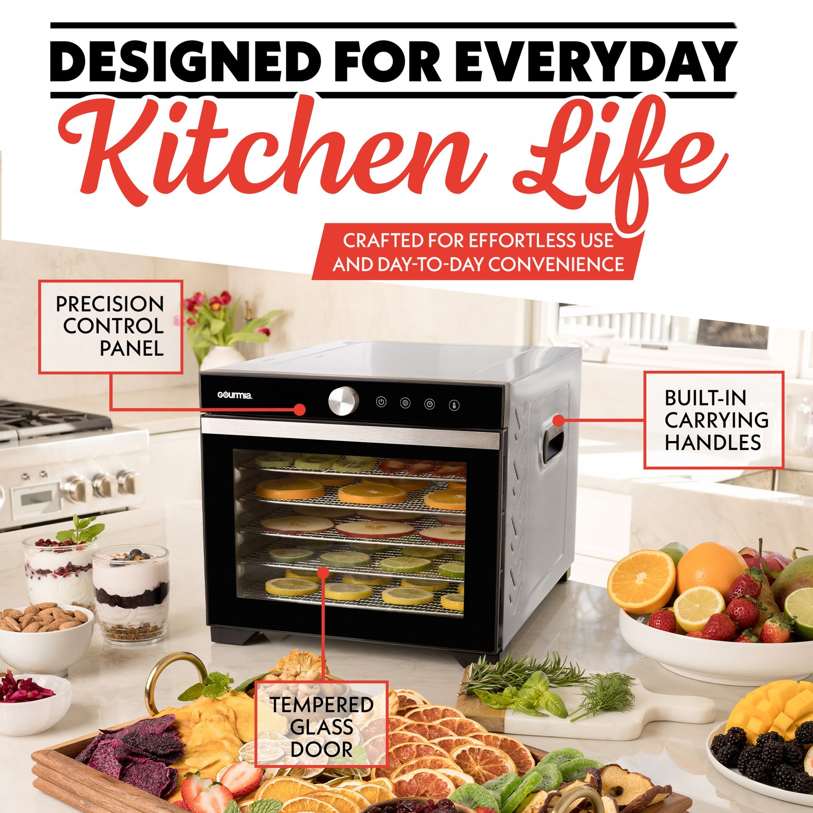 Gourmia 6 Tray Digital Food Dehydrator, Stainless Steel, Timer, Glass Door