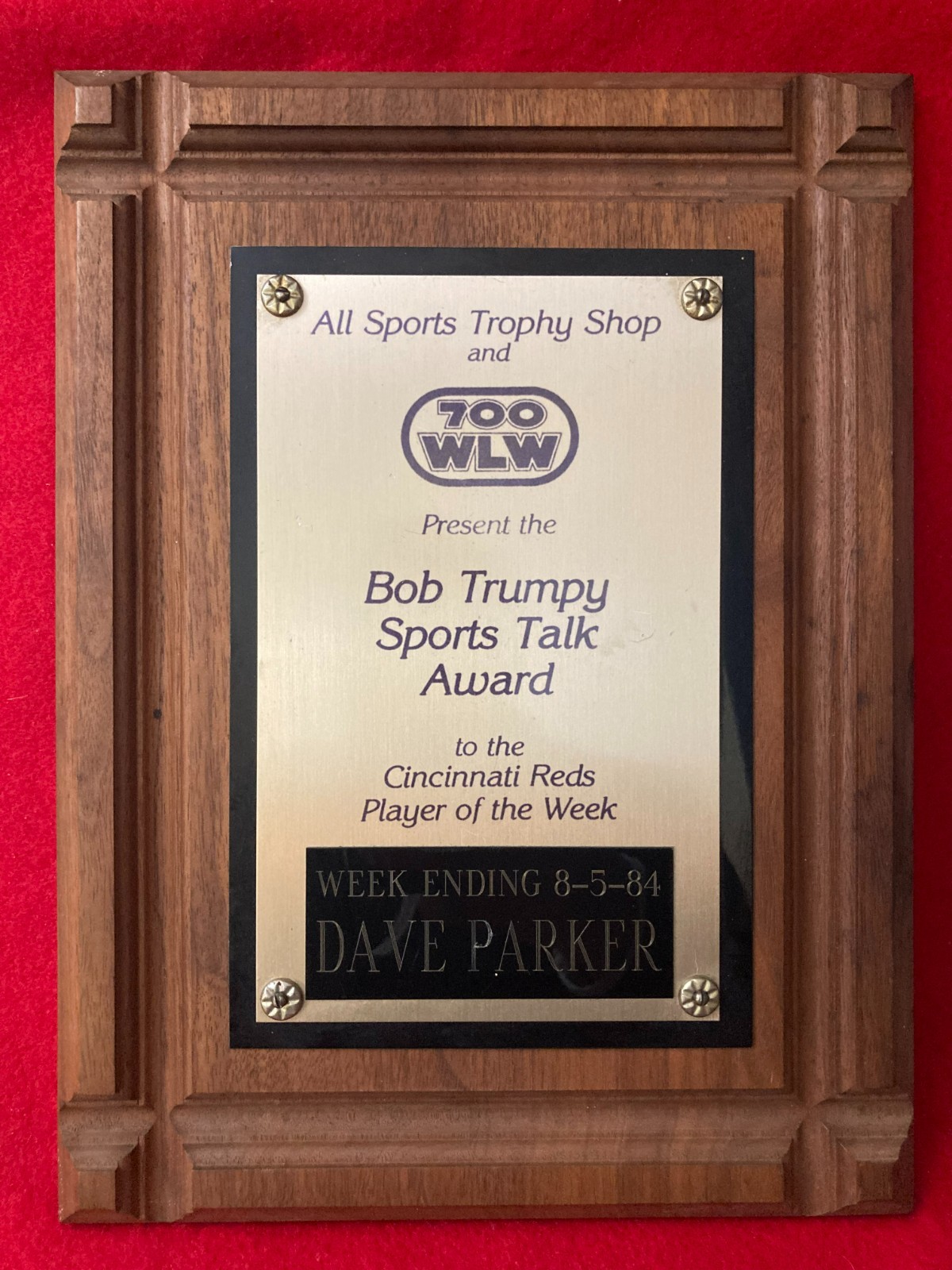 DAVE PARKER 700 WLW Bob Trumpy Player of the Week 1984 Personal Award Plaque HOF