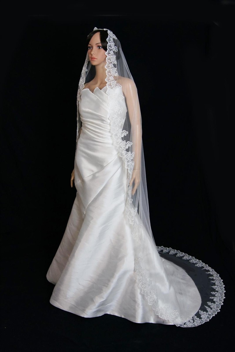 Bridal Wedding Mantilla Veil Ivory 1 Tier Long Cathedral Length With Lace Edge