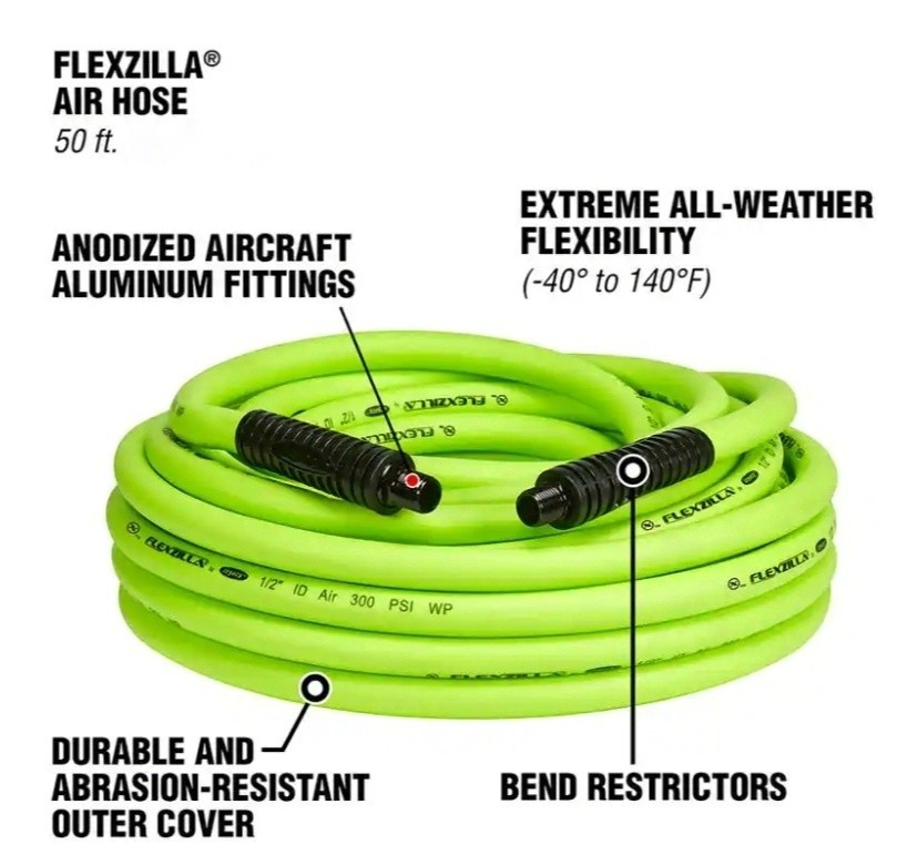 Flexzilla HFZ3850YW2 Air Hose 3/8In X 50Ft 1/4In MNPT Fittings
