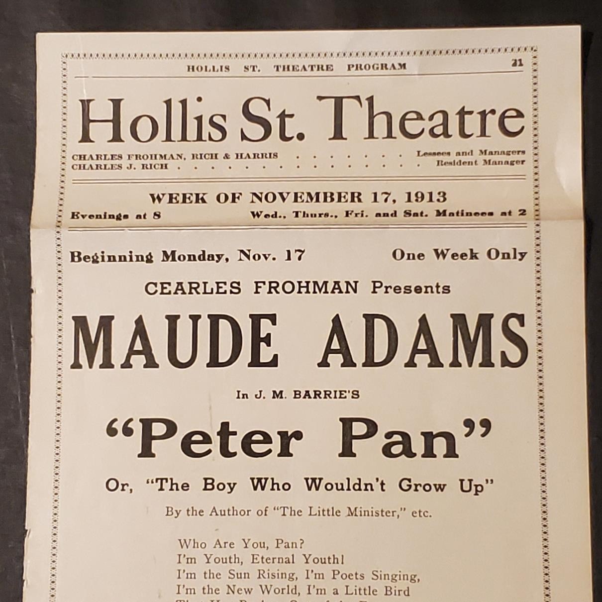 2247----1913 Hollis St Theatre Boston broadside/program - Maude Adams -Peter Pan
