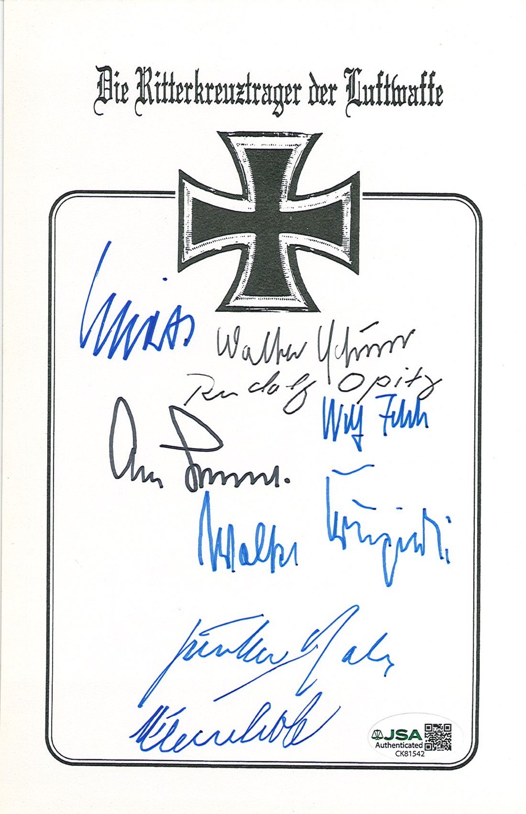 WWII GERMAN KNIGHT CROSS RECIPIENTS BOOKPLATE JSA X8 GALLAND RALL & MORE