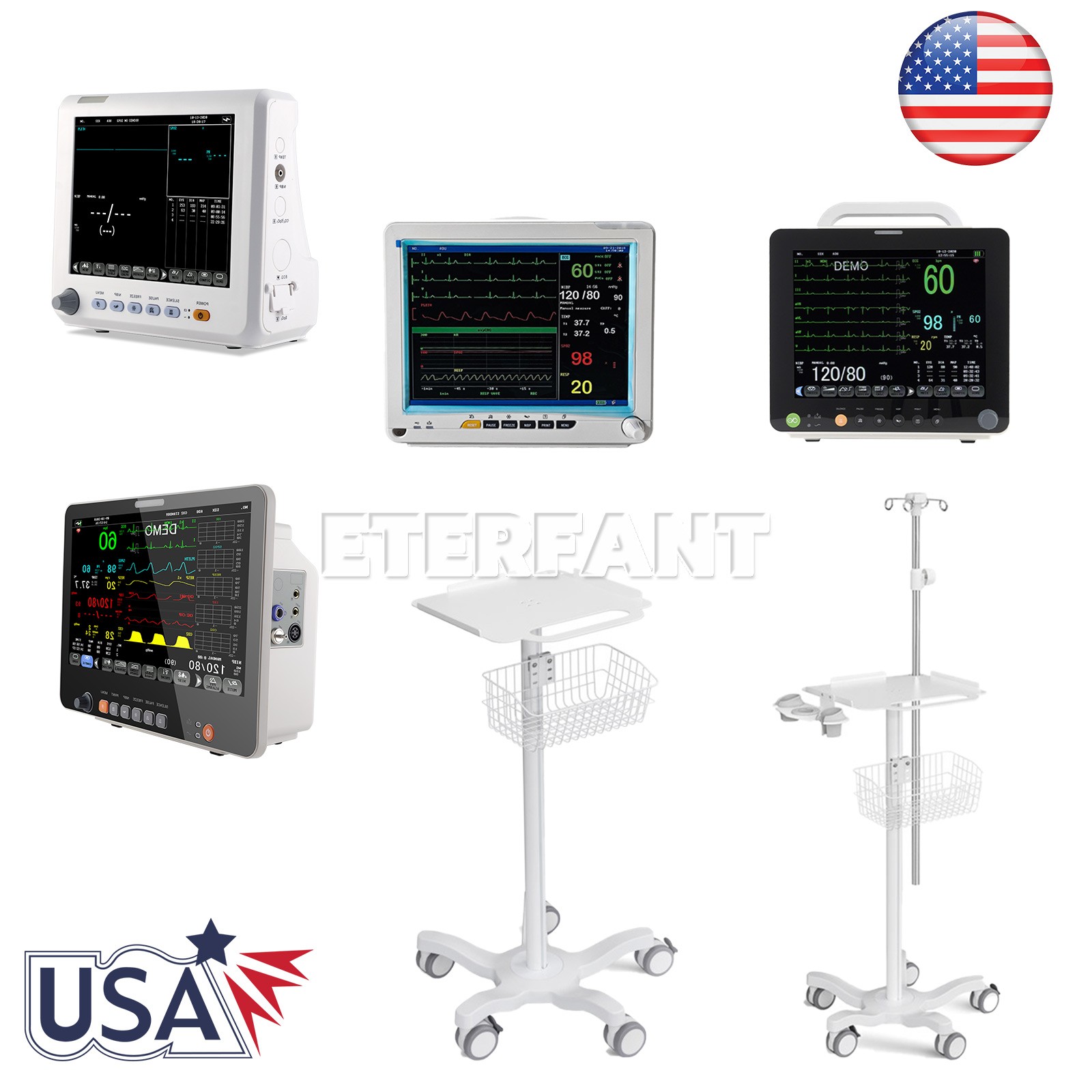 Patient Monitor ICU CCU Vital Sign for Hospital/Medical Rolling Trolley Cart US