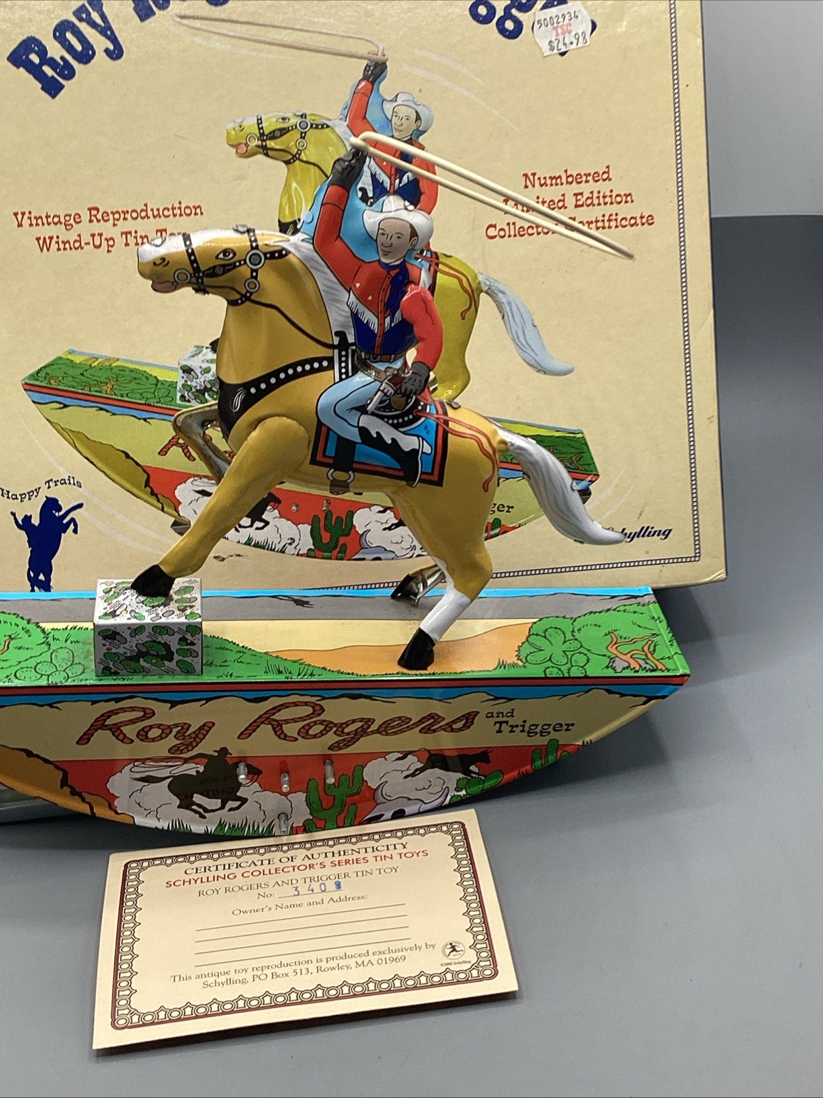 Schylling Vintage Reproduction Roy Rogers & Trigger Tin Wind-Up Toy W/Box