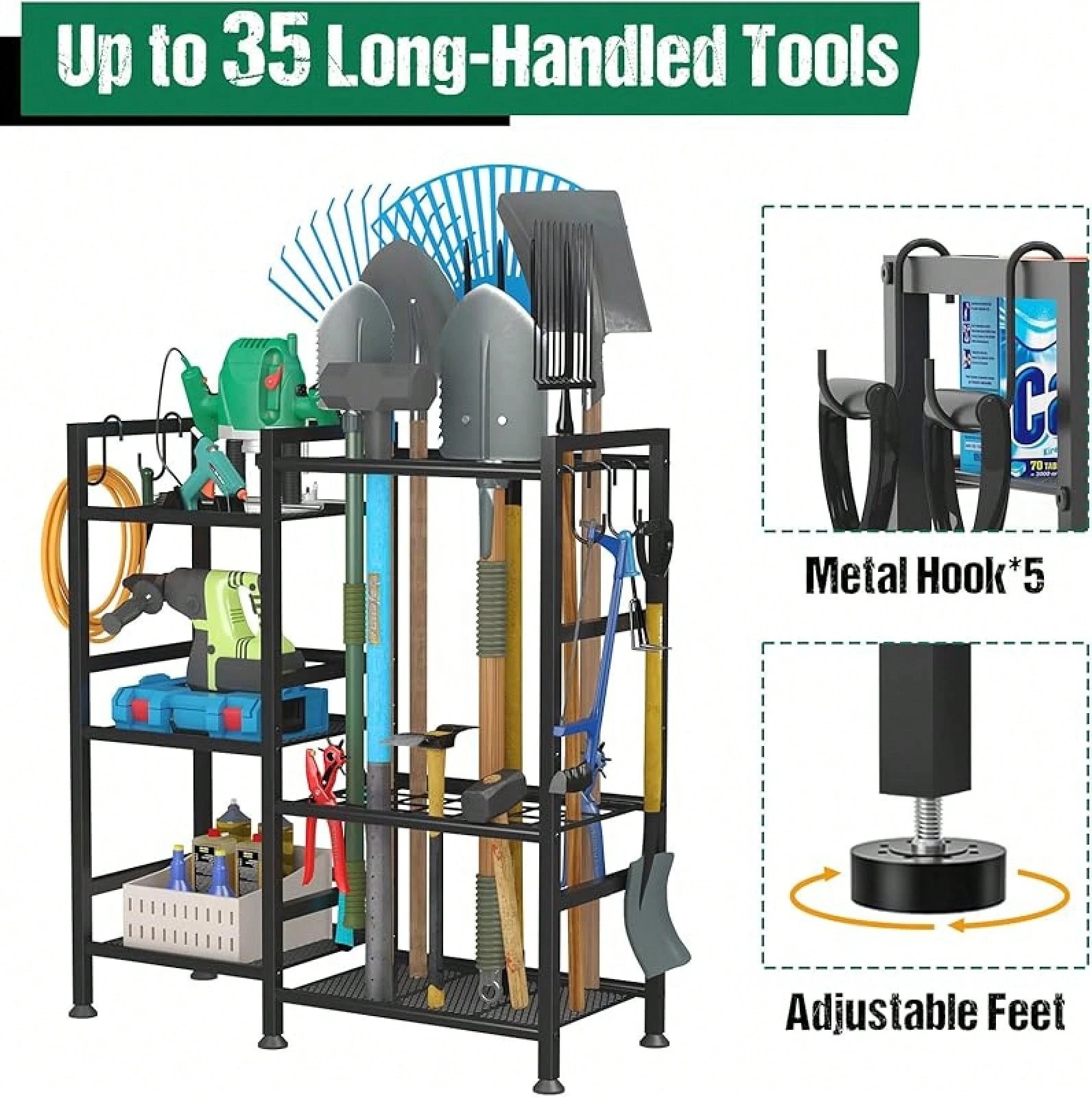 Garden Tool Organizer for Garage 35 Slots Yard Storage Rack Heavy Duty Shed Hook