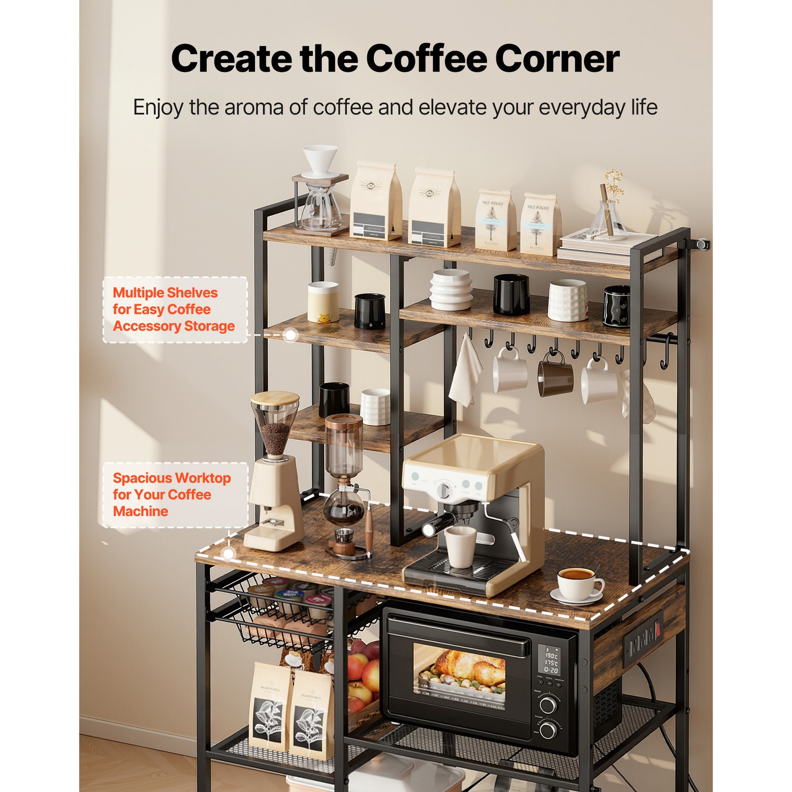 Uimoso Kitchen Bakers Rack with Power Outlet and 5 ft Power Cord