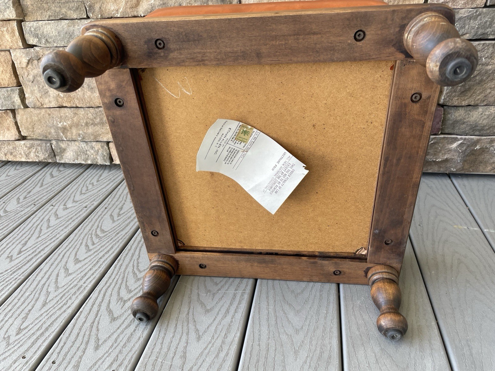 Ethan Allen Bronze Vinyl Cushion Top Solid Wood Base Vtg Ottoman Footstool