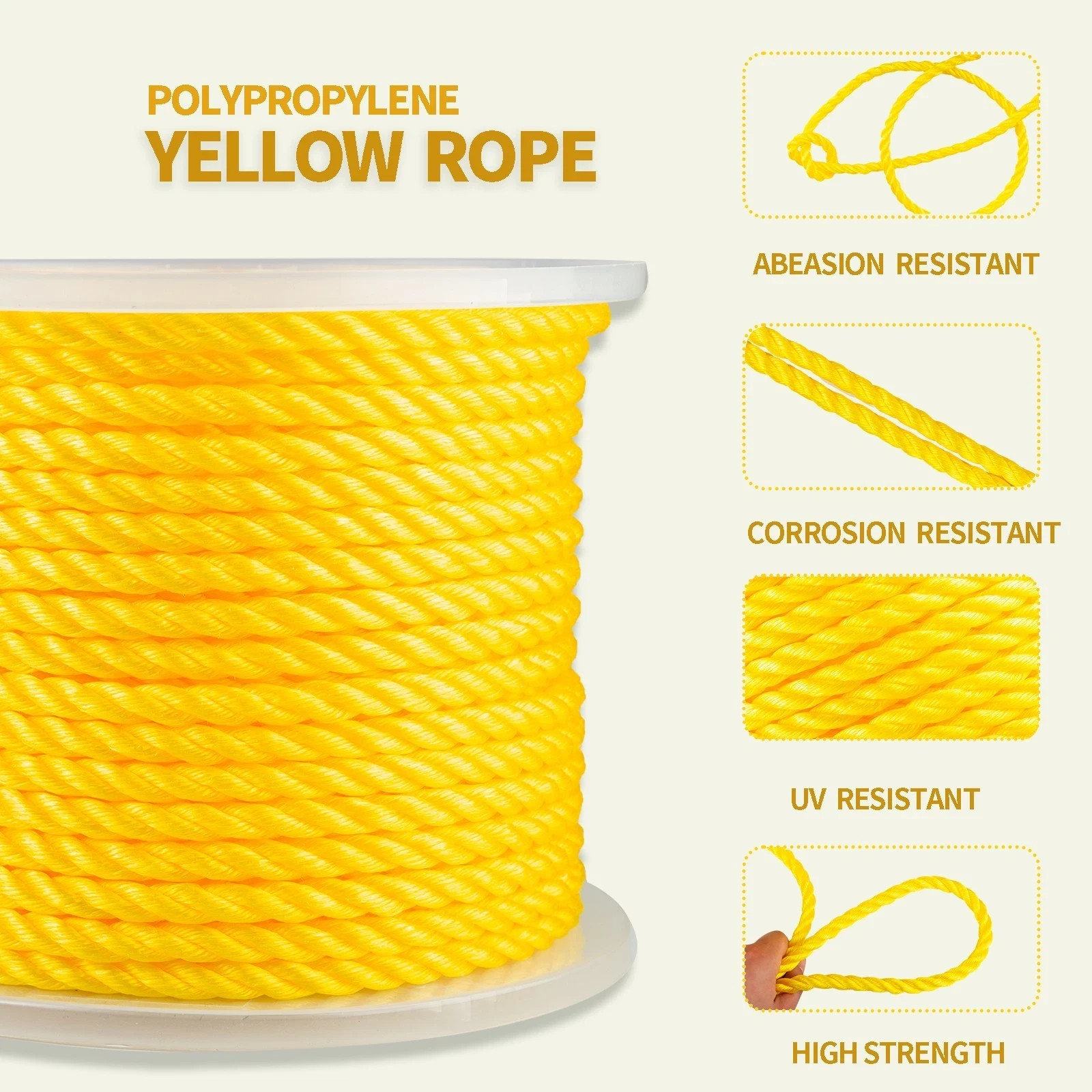 1/2 200'' Floatable 3-Strand Yellow Twisted Polypropylene Rope