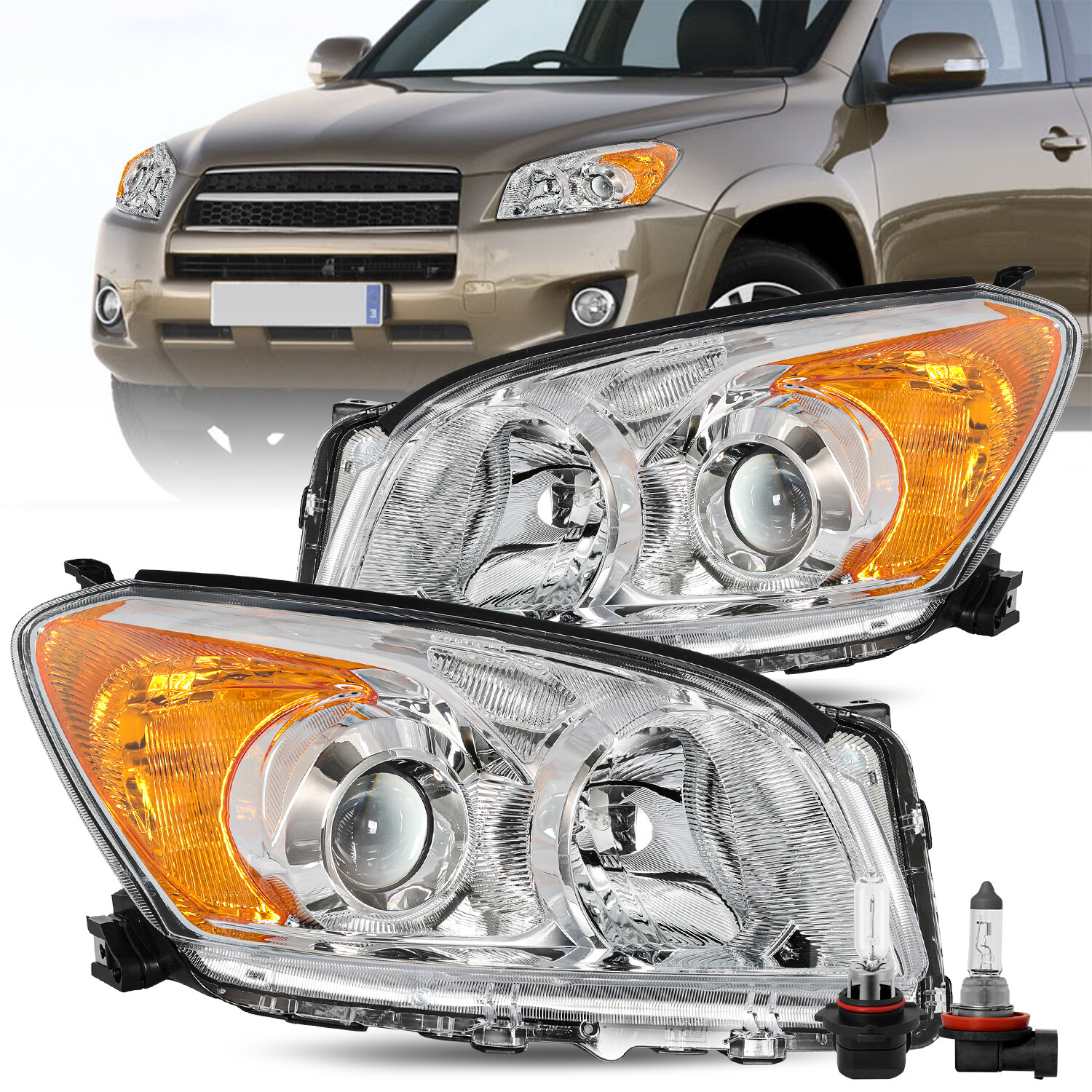 Left+Right Headlights Assembly W/Bulbs For 2009-2012 Toyota Rav4 Halogen Chrome